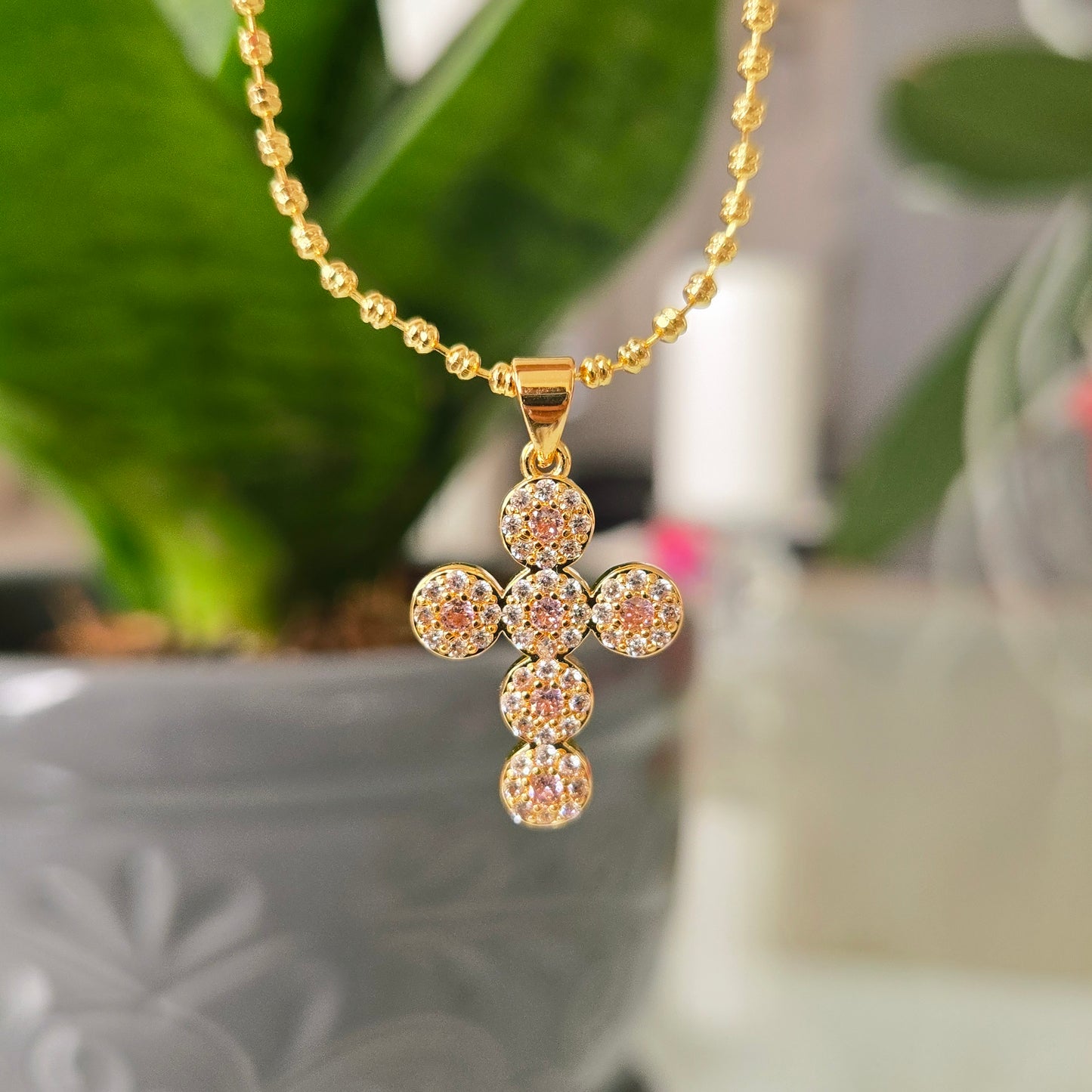 Cadena Cruz Cristal Rosa