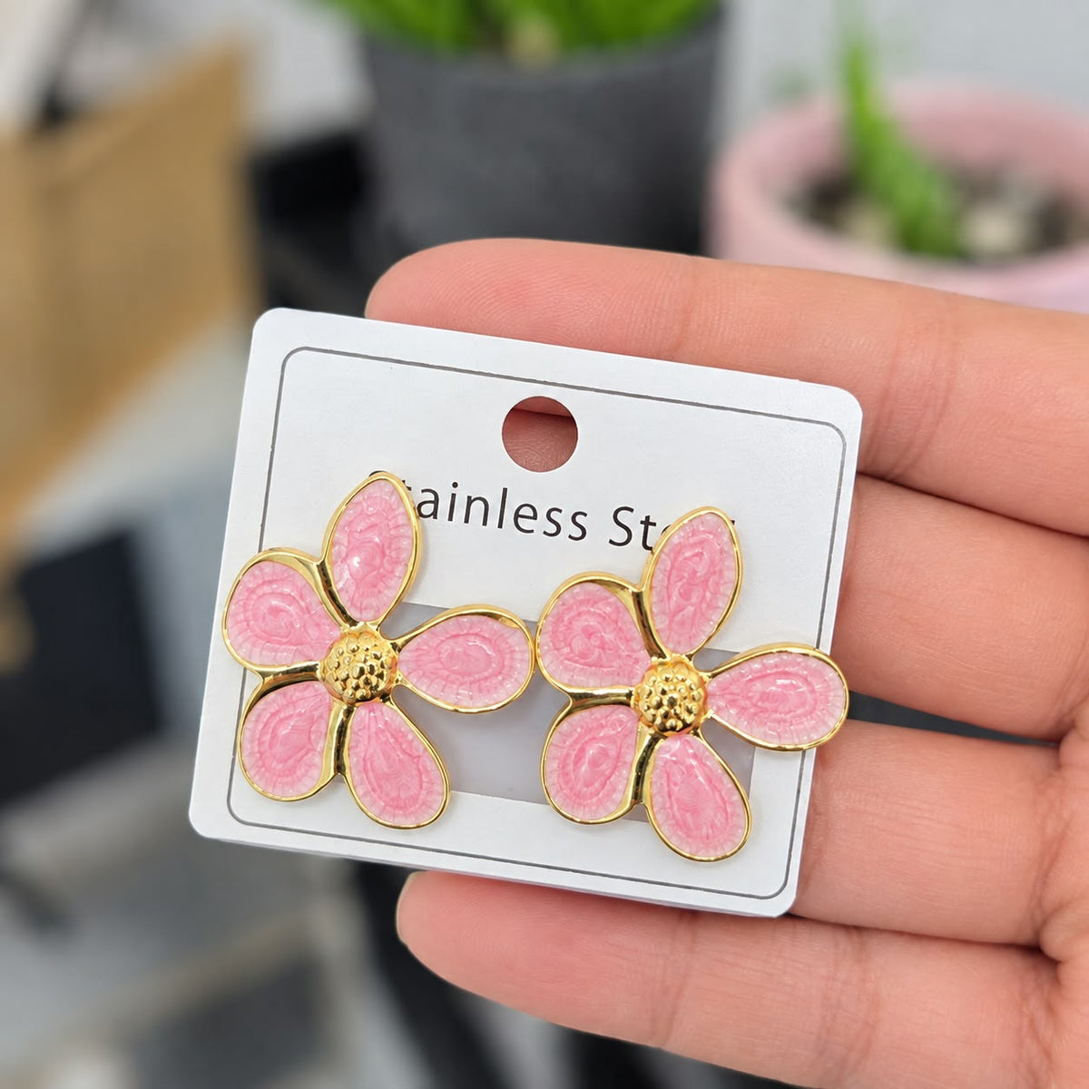 Aretes Flor Rosadas Acero