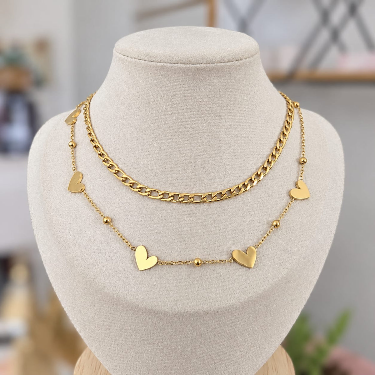 Collar Doble Corazones Acero