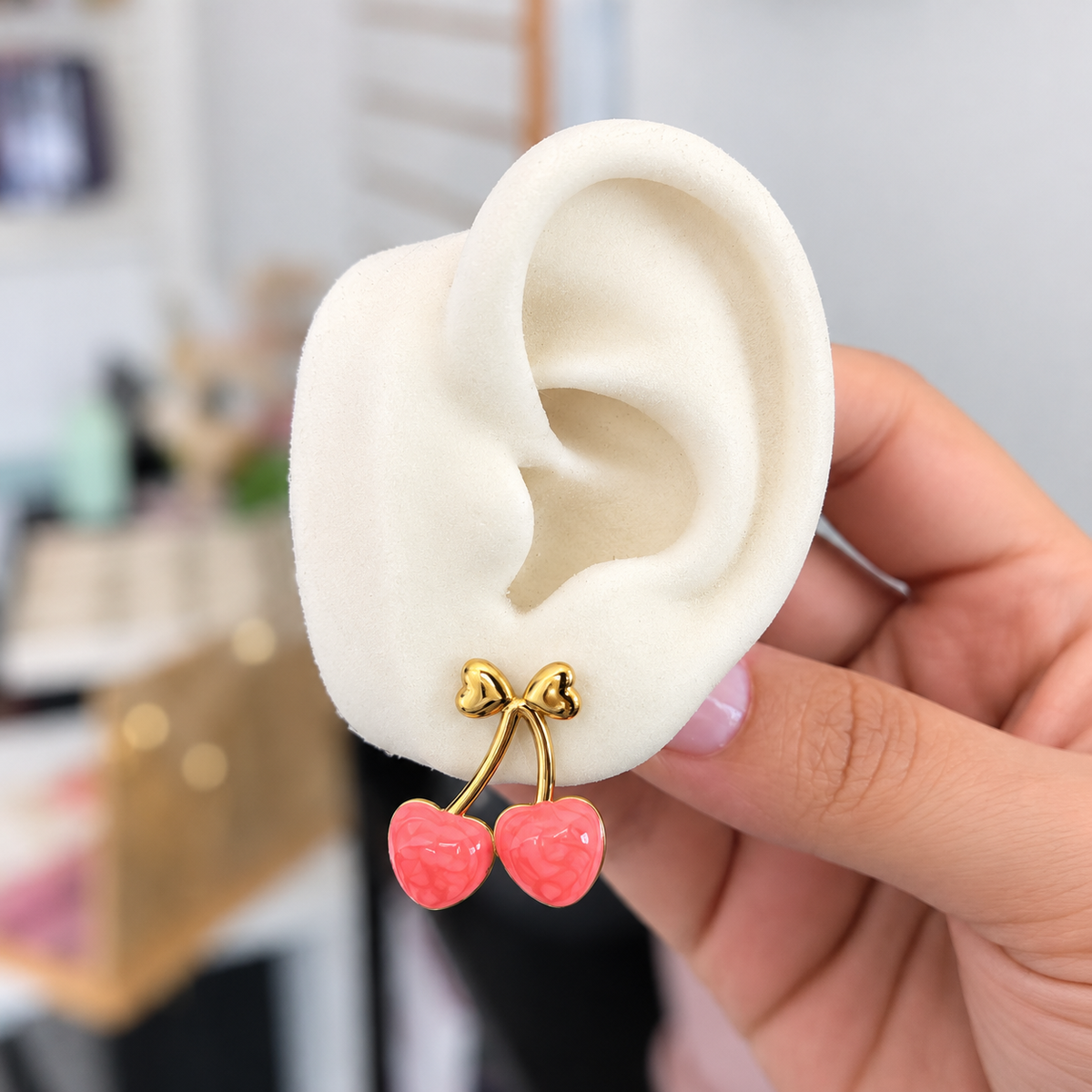 Aretes Cereza Acero Rosa Coral