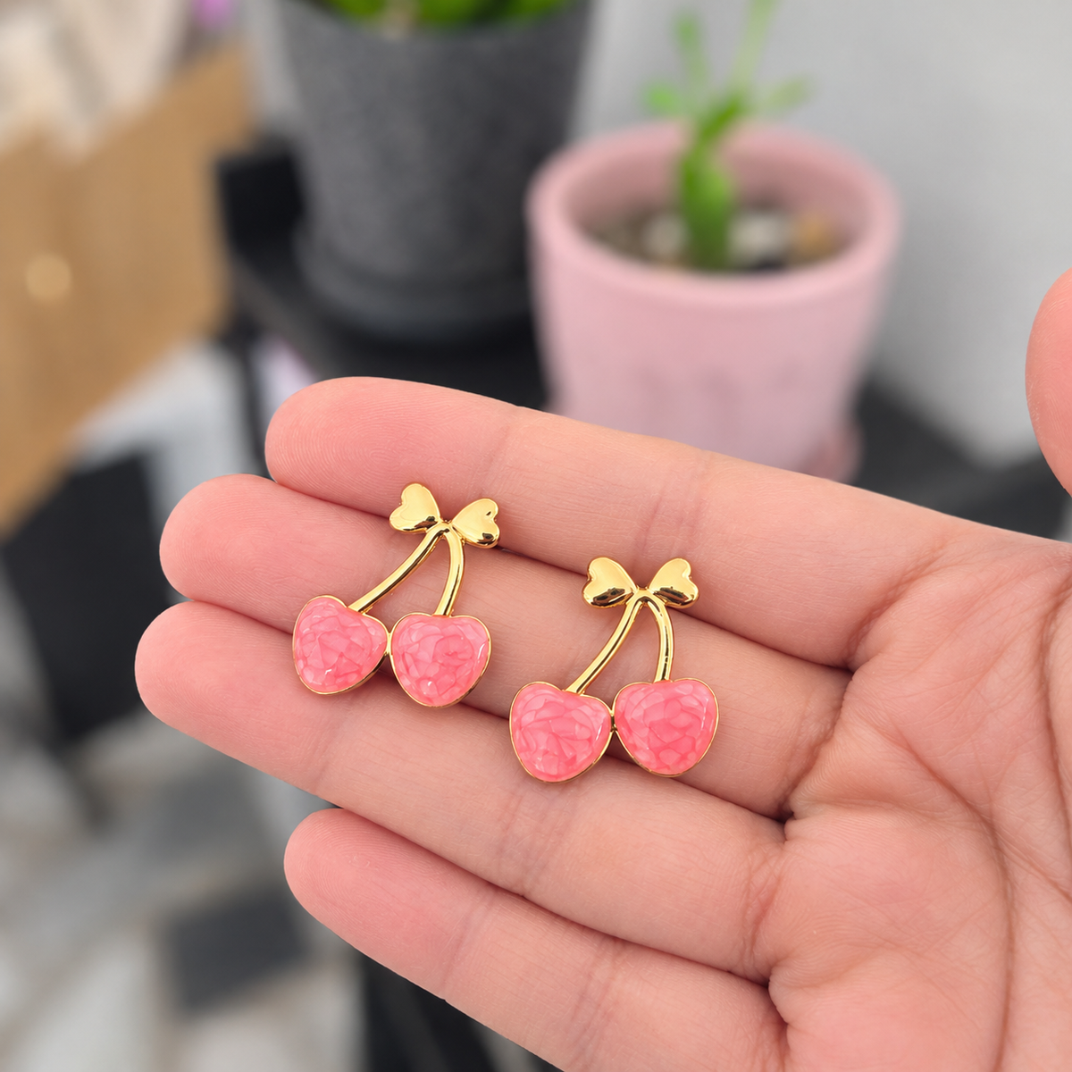 Aretes Cereza Acero Rosa Coral