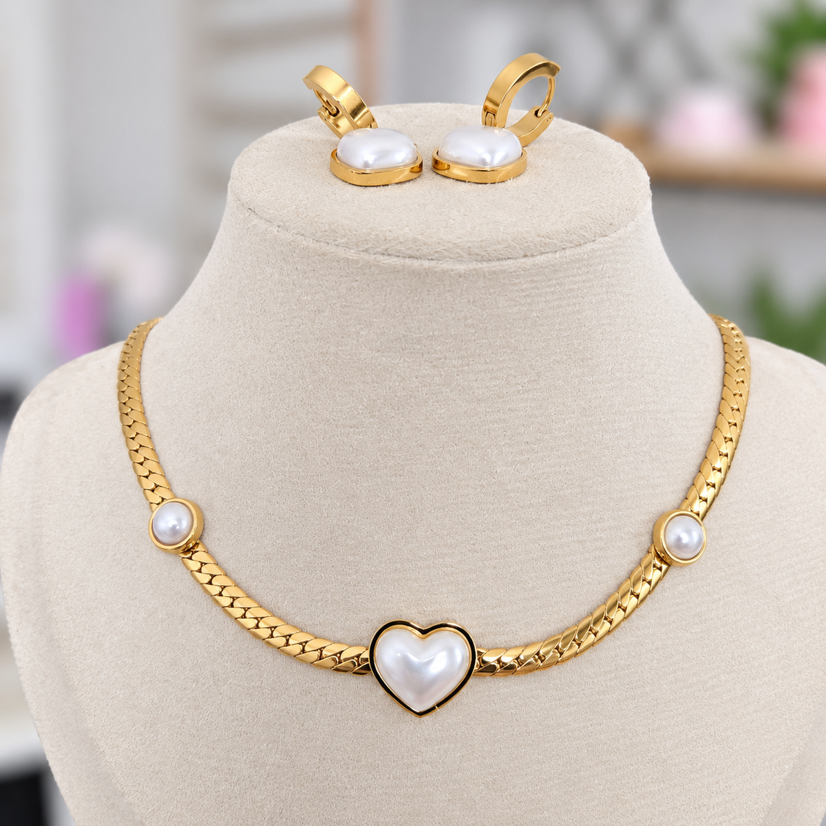 Set Acero Corazón Perla
