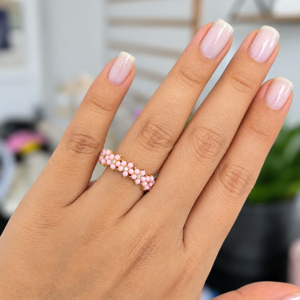 Anillo Flores Rosa Rodio Ajustable