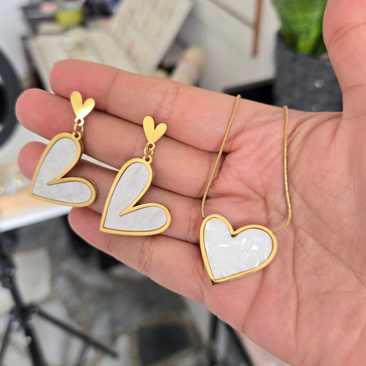 Set Cadena y Aretes Corazón Acero