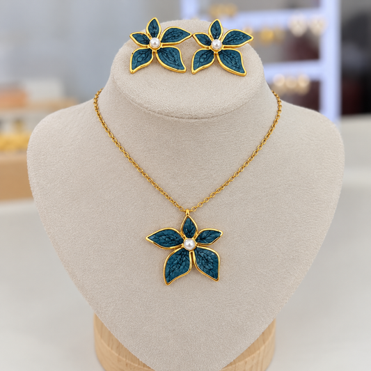 Set Flores Azul Petroleo Perla Acero