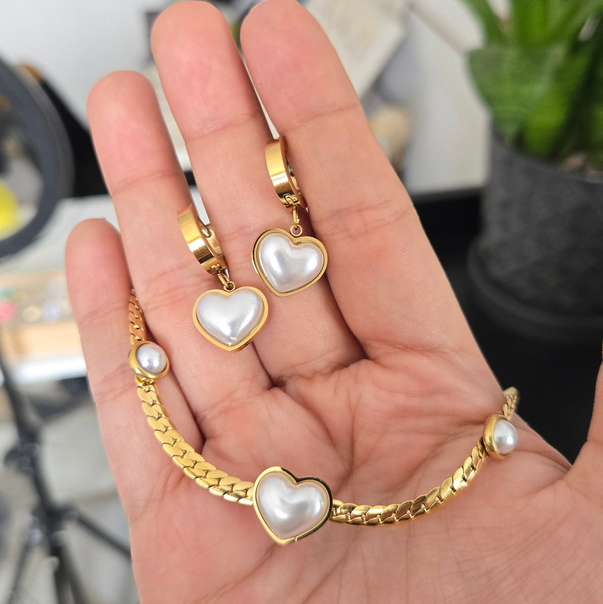 Set Acero Corazón Perla