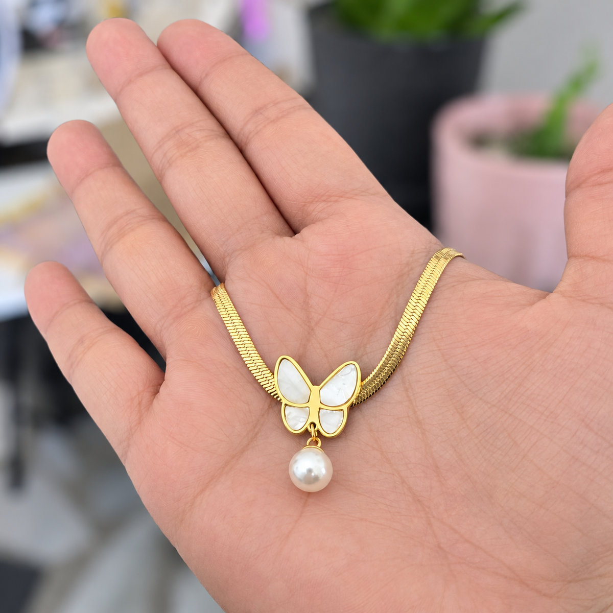 Collar Mariposa Perla Acero