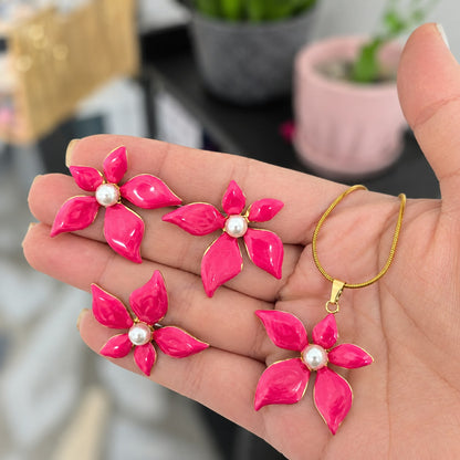 Set Flor Roja Perla En Acero