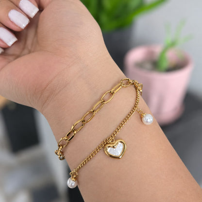 Pulsera Doble Corazón Perla Acero