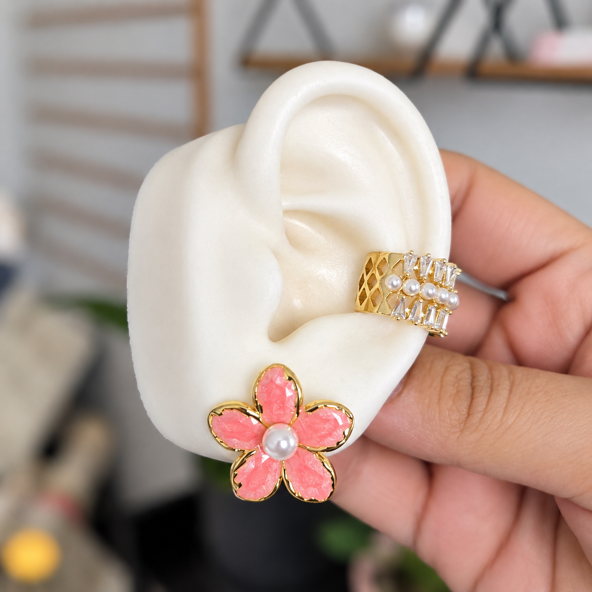 Aretes Flor Perla Rosa Acero