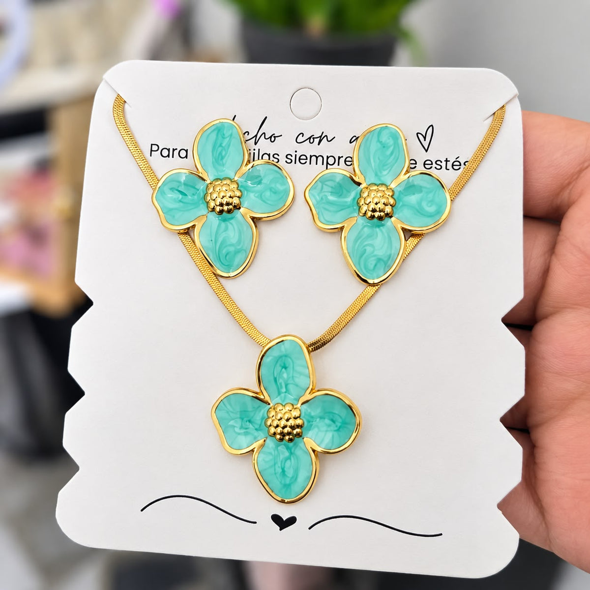 Set Acero Flor Aguamarina