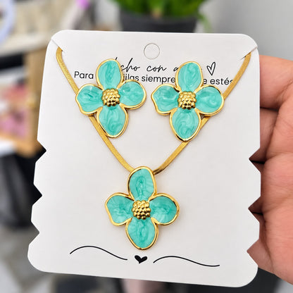 Set Acero Flor Aguamarina