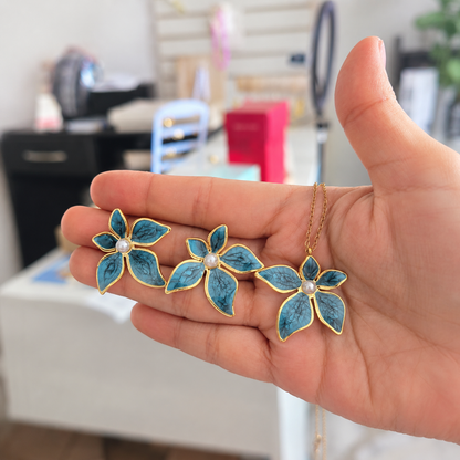 Set Flores Azul Petroleo Perla Acero