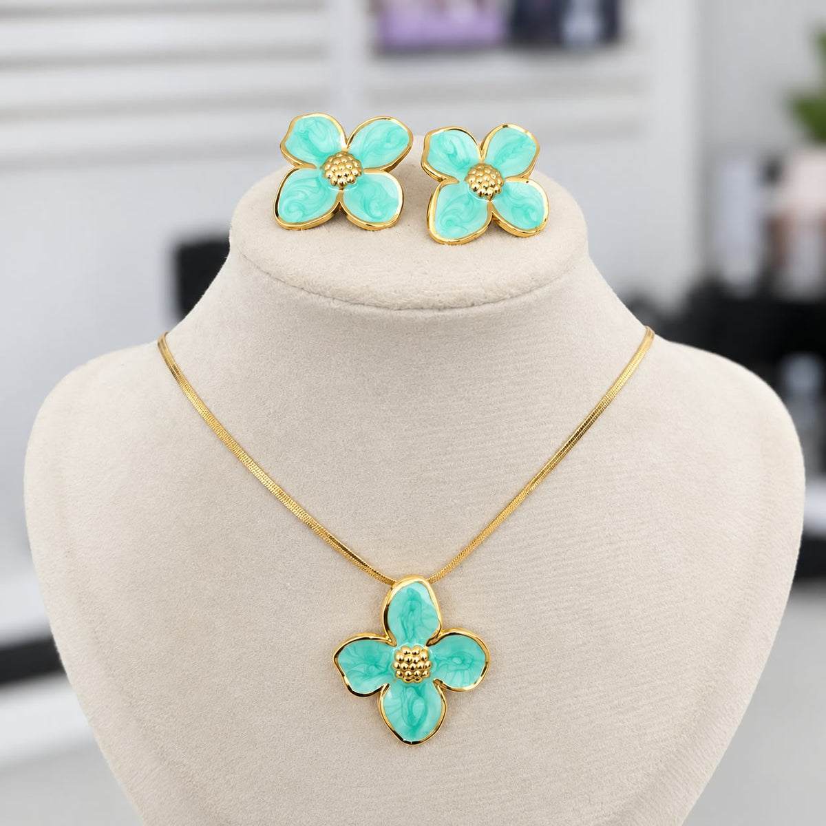 Set Acero Flor Aguamarina