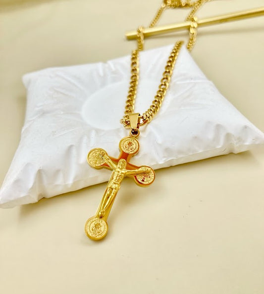 Cadena Cruz Jesús y San Benito Acero Hombre