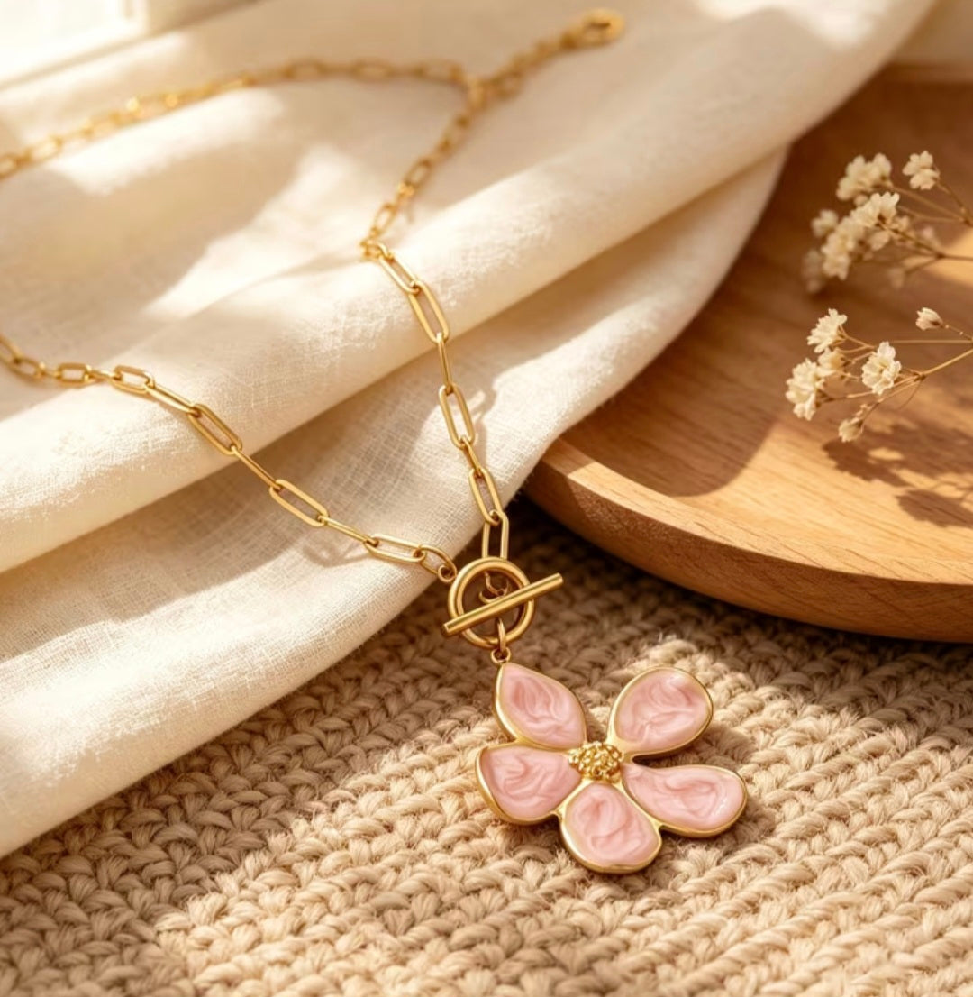 Collar Eslabon Flor Acero