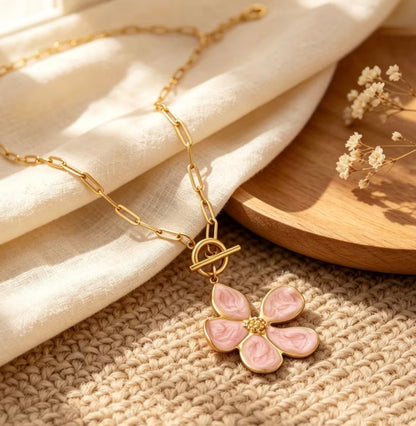 Collar Eslabon Flor Acero