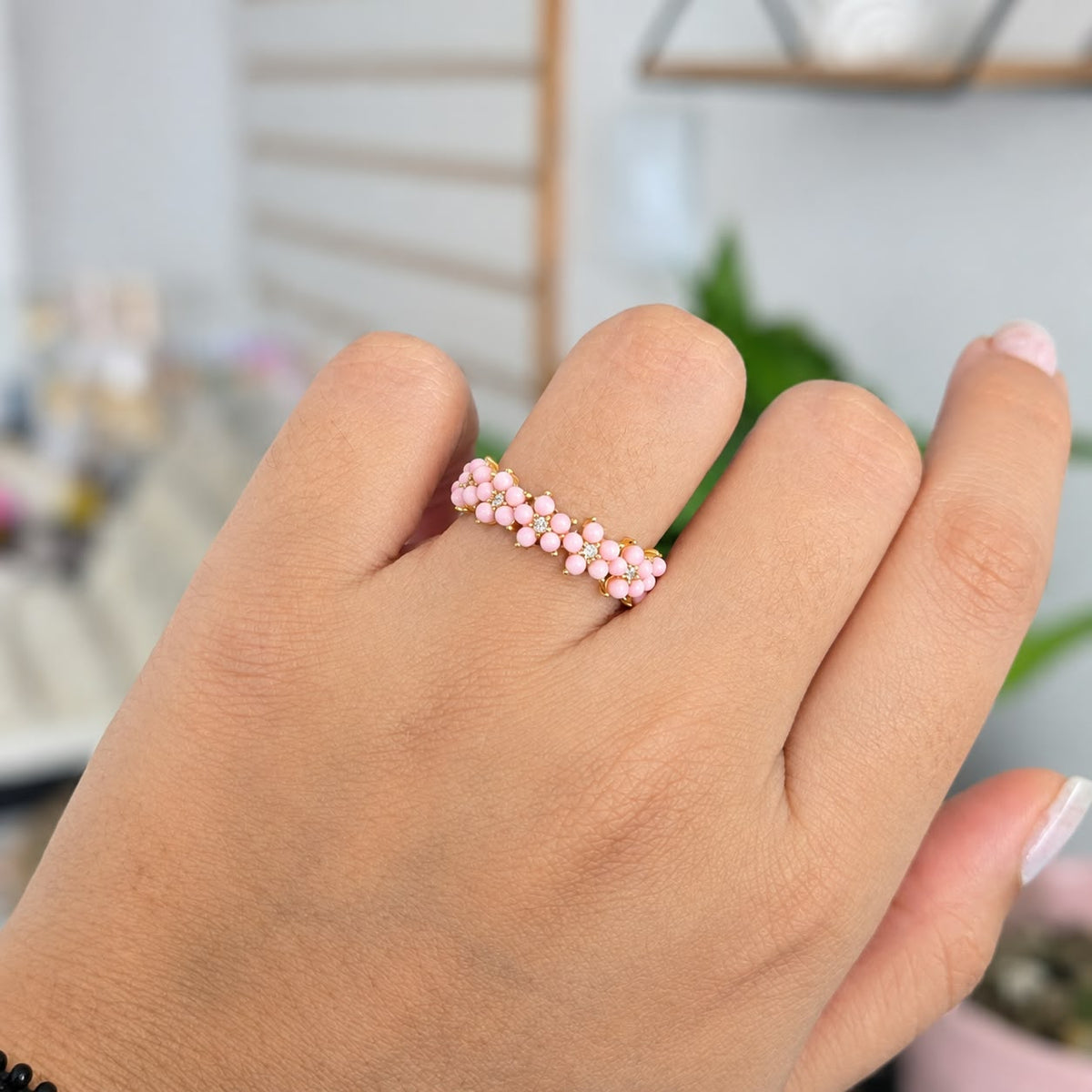 Anillo Flores Rosa Rodio Ajustable