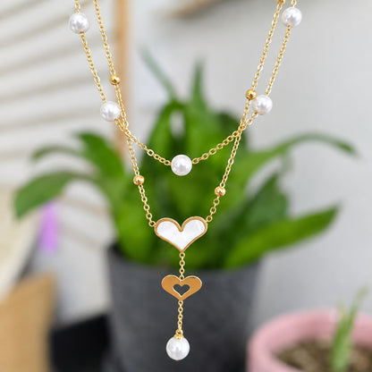Collar Doble Corazón Perla Acero