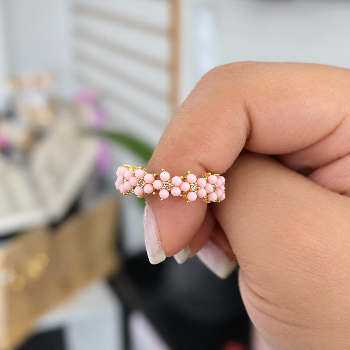 Anillo Flores Rosa Rodio Ajustable