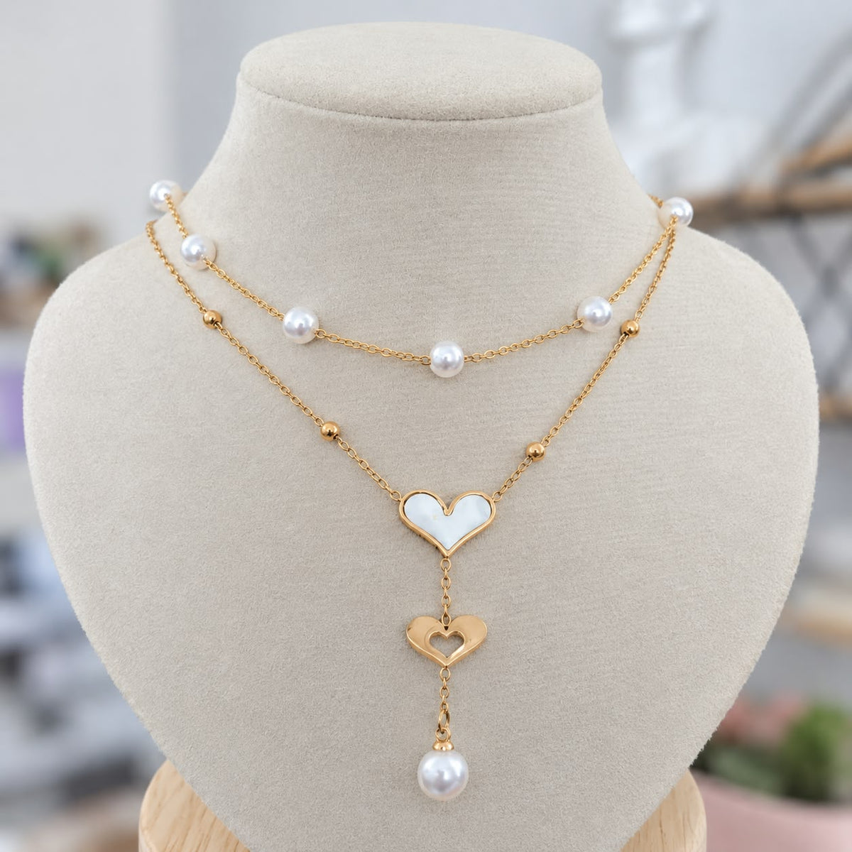 Collar Doble Corazón Perla Acero