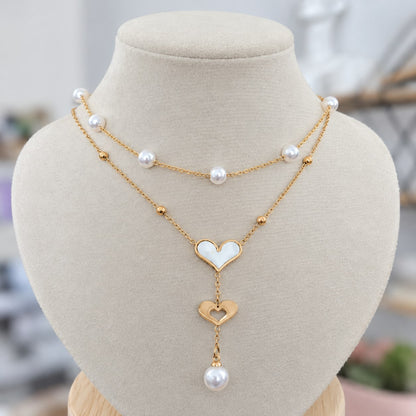 Collar Doble Corazón Perla Acero