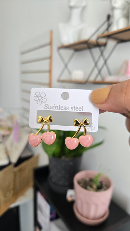 Aretes Cereza Acero Rosa