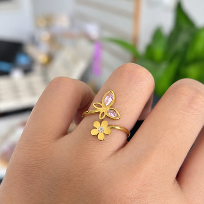 Anillo Flor Mariposa Acero Ajustable