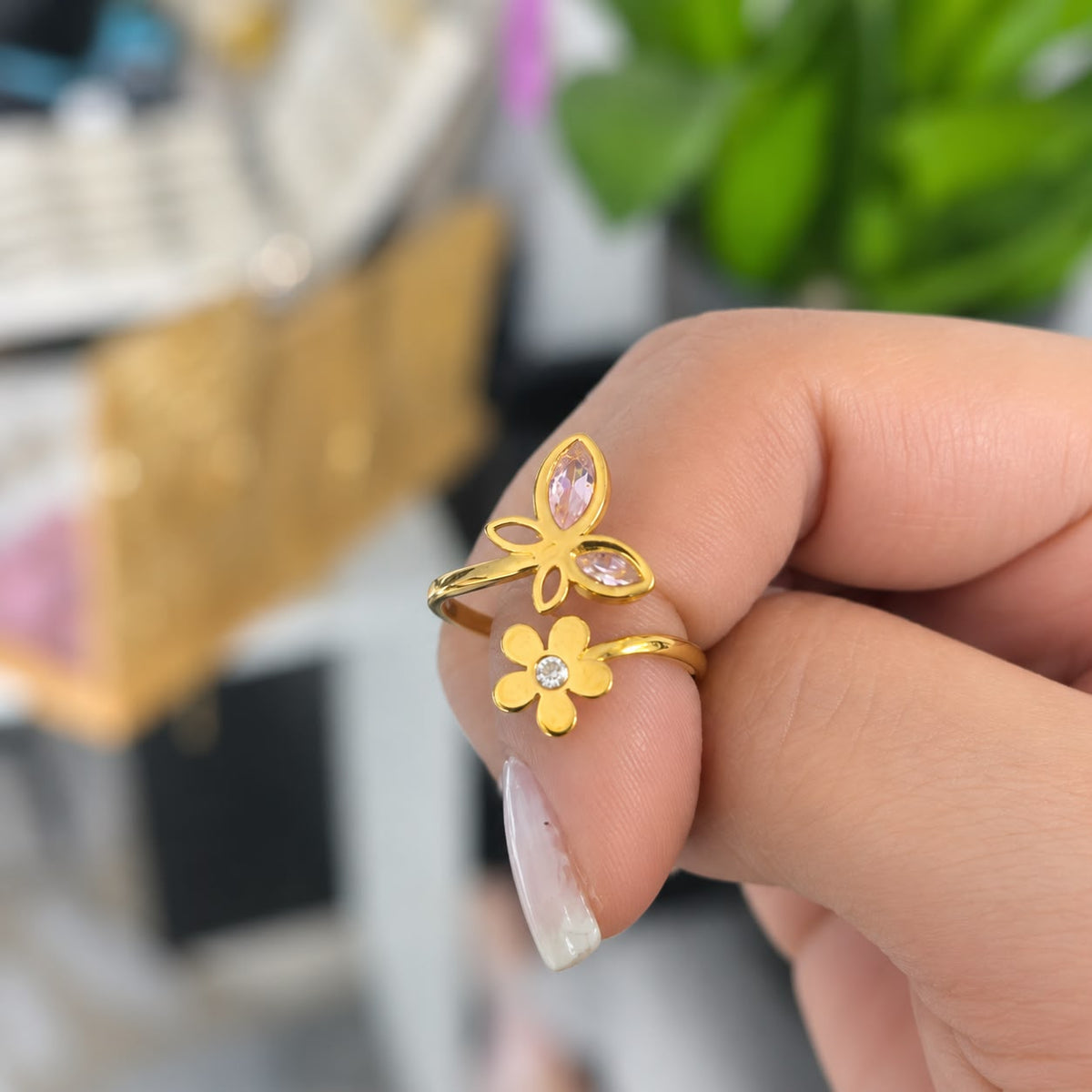 Anillo Flor Mariposa Acero Ajustable