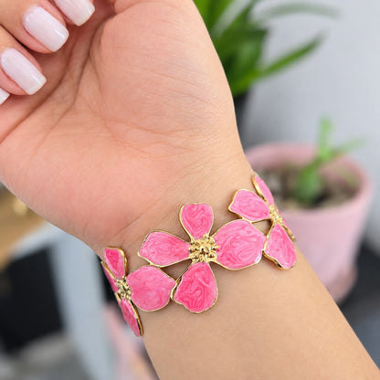 Brazalete Flores Rosa En Acero