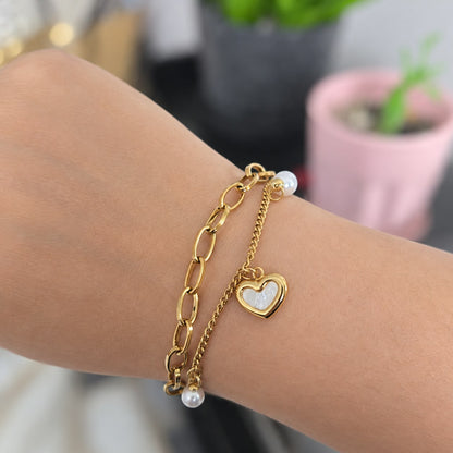 Pulsera Doble Corazón Perla Acero