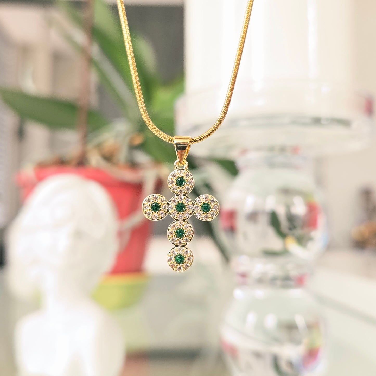 Cadena Cruz Verde Esmeralda