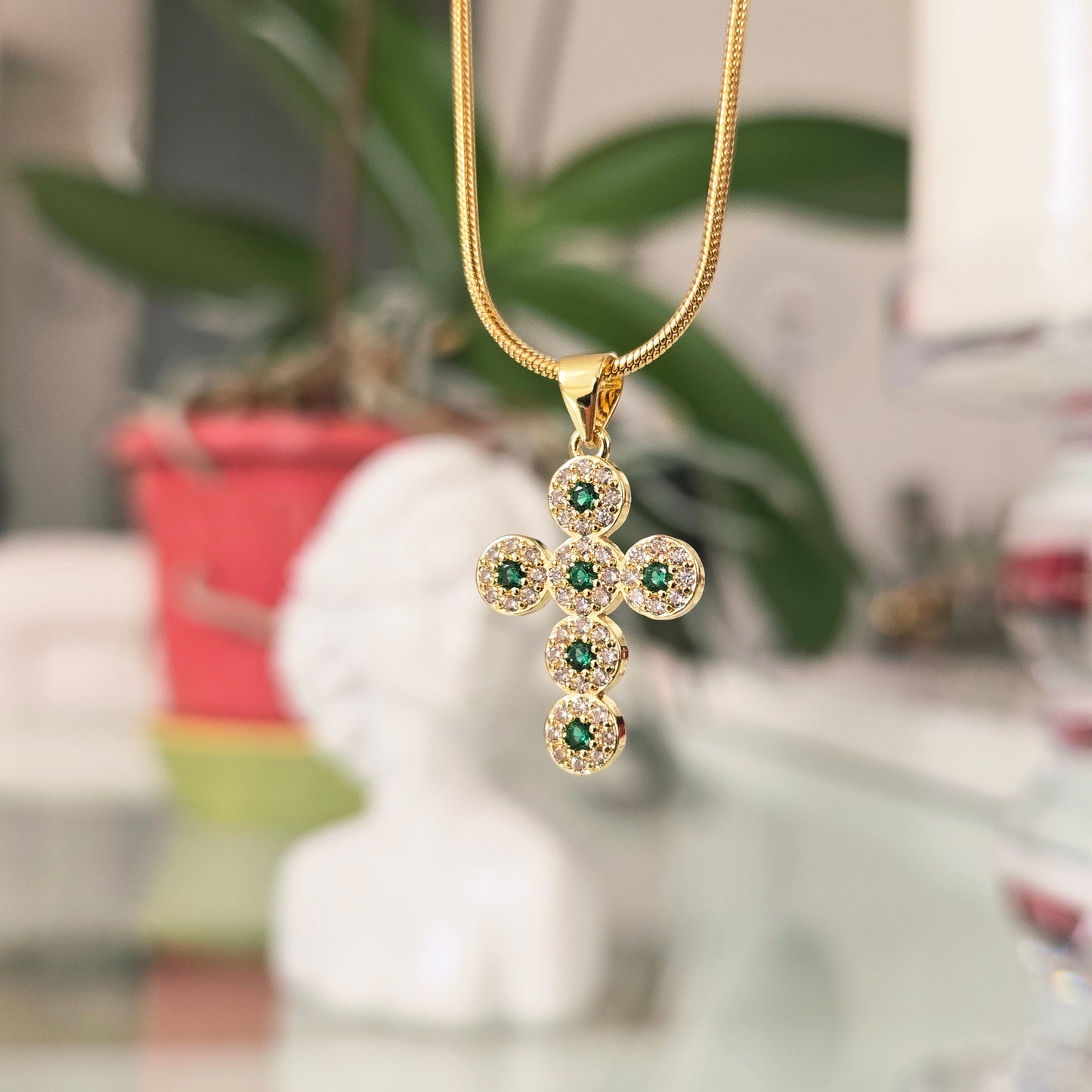 Cadena Cruz Verde Esmeralda