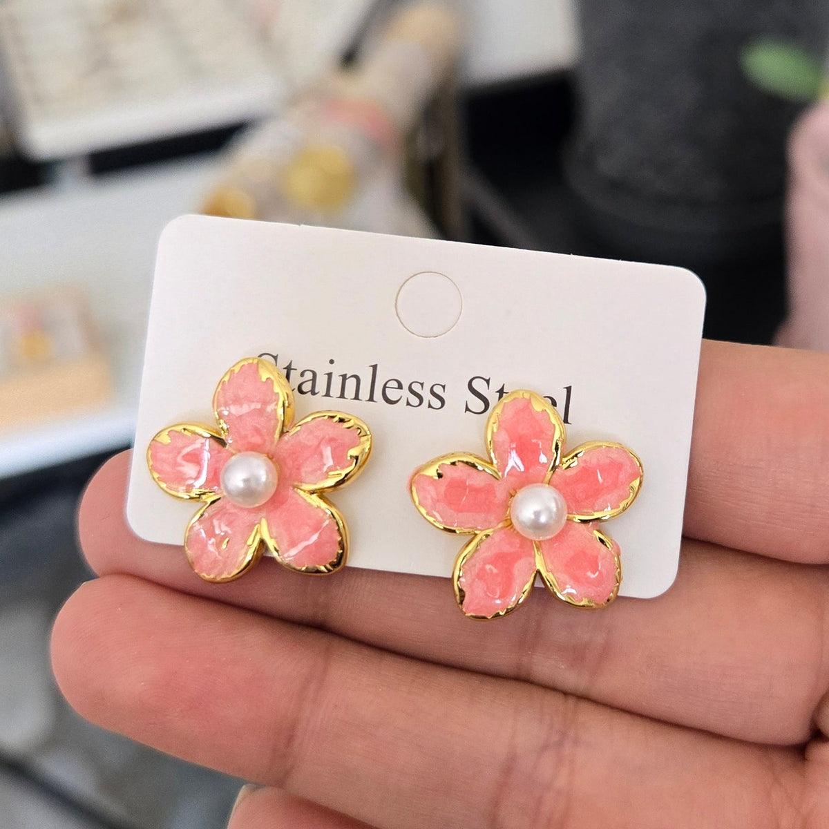 Aretes Flor Perla Rosa