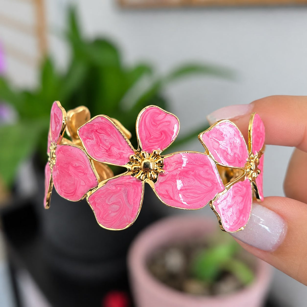 Brazalete Flores Rosa En Acero
