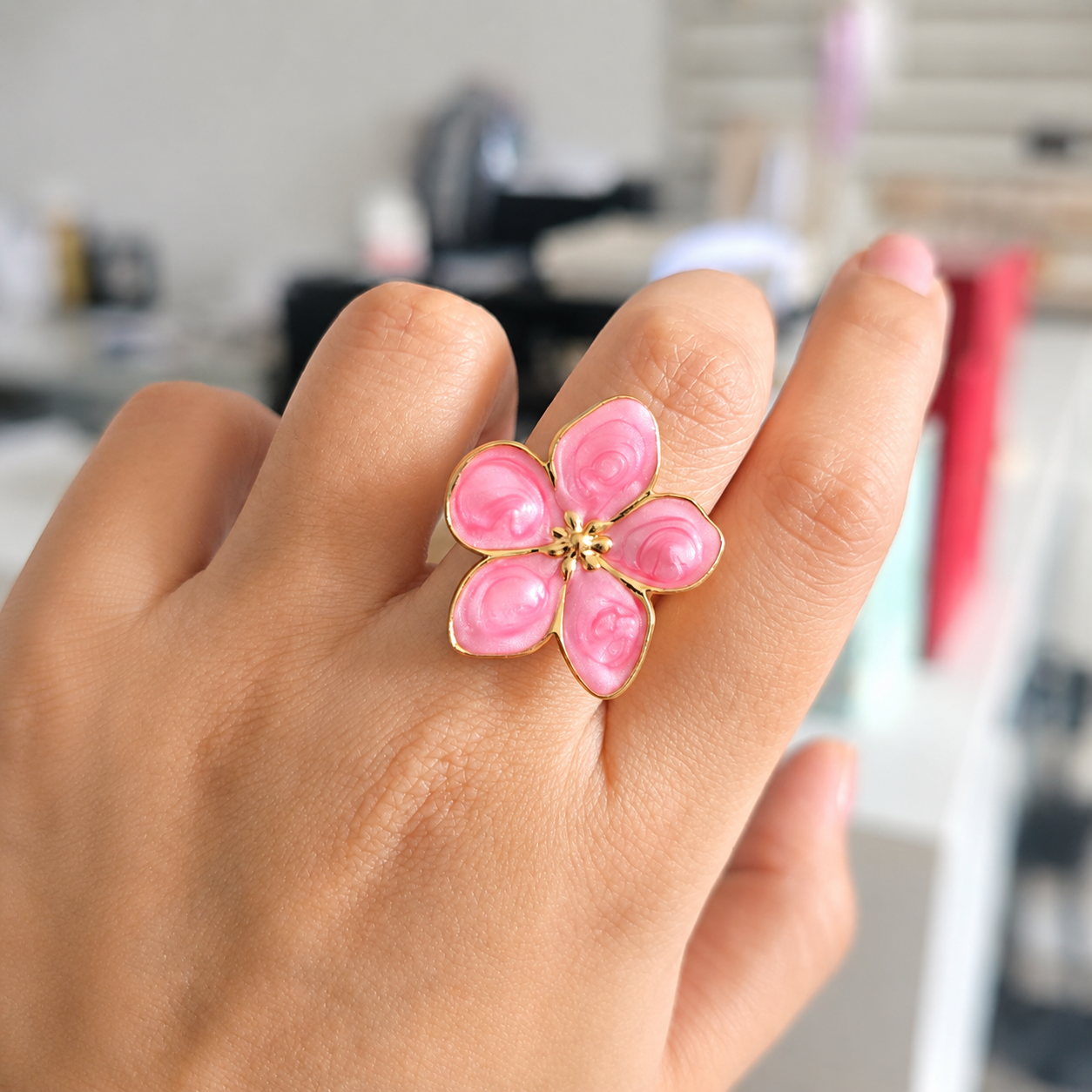 Anillo Flor Rosa En Acero Inoxidable