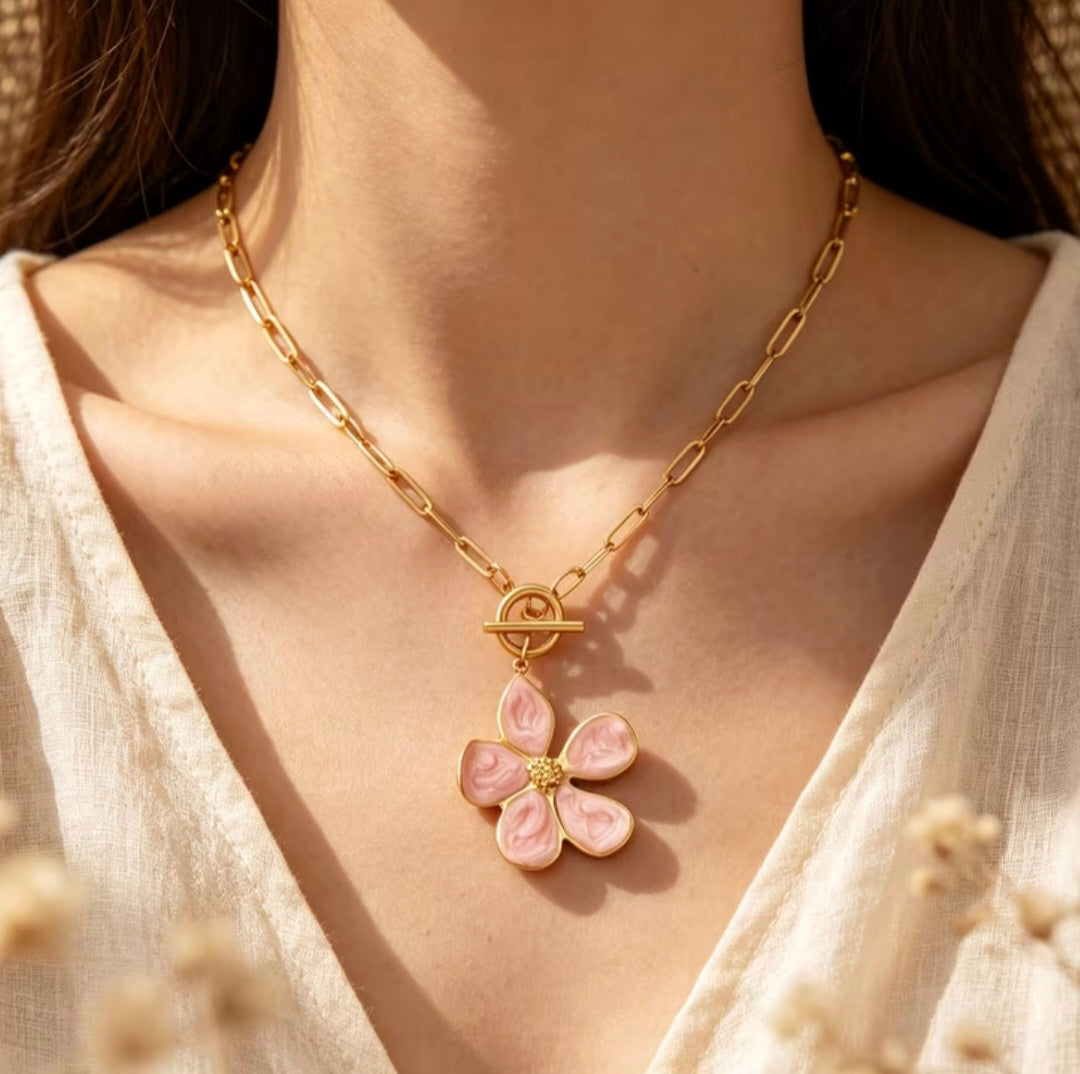 Collar Eslabon Flor Acero