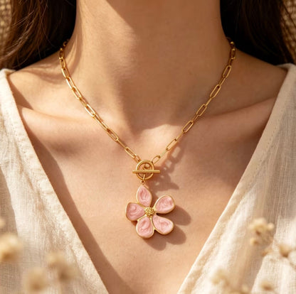 Collar Eslabon Flor Acero