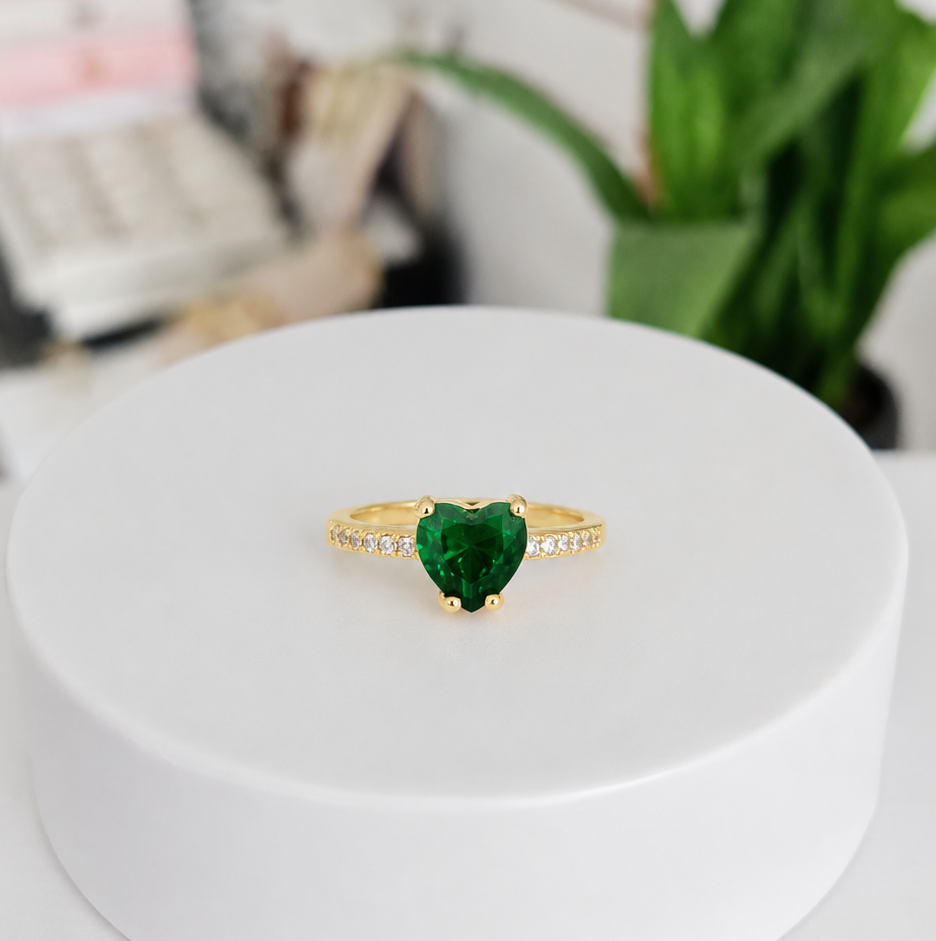 Anillo Corazón Esmeralda Rodio